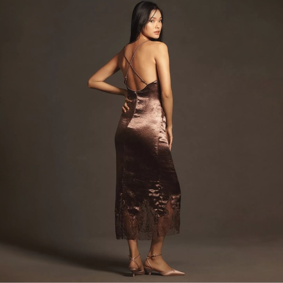 New By Anthropologie Satin Lace Midi Pajama Dress Brown - Picture 3 of 16